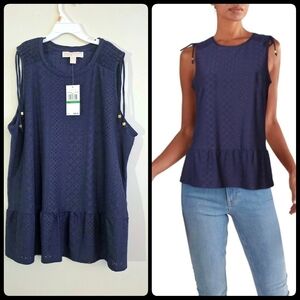 Michael Kors Navy Sleeveless Eyelet Blouse